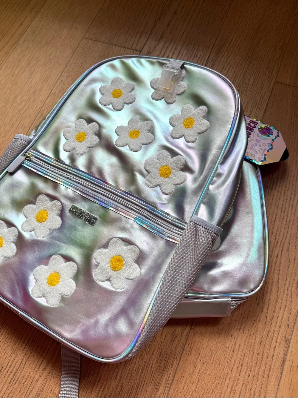 Iridescent Silver Girls Backpack with Daisy Appliqués